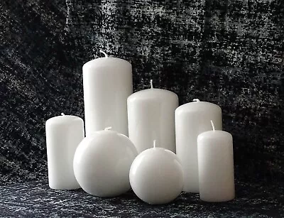 WHITE GLOSS DECORATIVE CANDLE - BALL Or PILLAR Home Decoration Gift Decor • £2.70