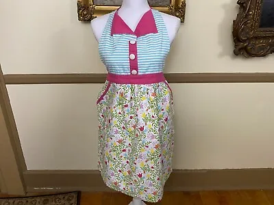 Vintage Printed Bib Apron 100% Cotton Cynthia Rowley Collared Stripes & Tulips • $19.99