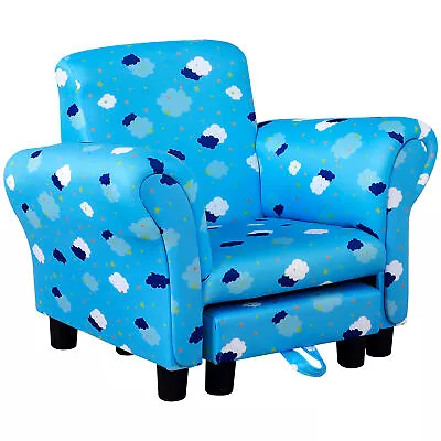 HOMCOM Cute Cloud Star Child Armchair Seat Wood Frame W/ Footrest Padding Blue • £64.99