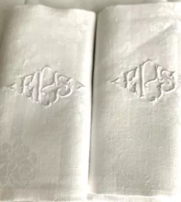 Pair (2) Vintage Ivory Damask Rose Floral Monogrammed  Esp  Dinner Napkins 21x22 • $16.95