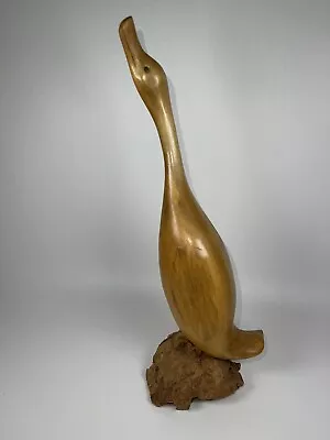 Vintage MCM Hand Carved Wooden Long Neck Duck On Burlwood • $16.90