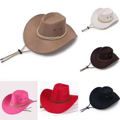 Unisex Western Cowboy Hat Wide Brim Sunhat Sun Cap Panama Style Faux Leather • £5.99