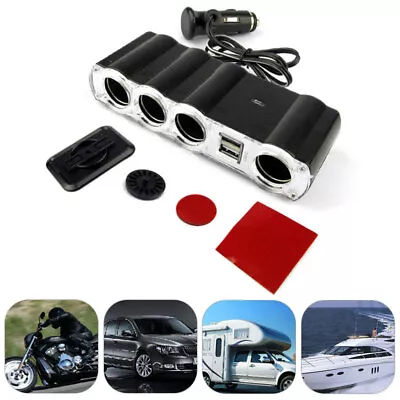 Car Cigarette Lighter Extension Cord Cable Socket Splitter 12V 4Way USB Charger • £7.30