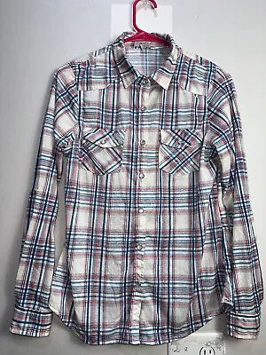 Passport Shirt Womens Medium Blue & White Button Up Long Sleeve Plaid Snap Ladie • $15.88