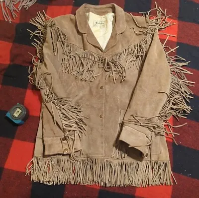 Vintage Vakko Suede Leather Fringe Jacket Sz M Hippie Biker Boho Snap Button  • $74.88