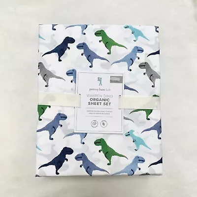 Pottery Barn Kids Warren Dino Sheet Set Queen Grey Blue Green Dinosaur • $149.95