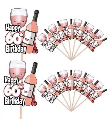 60th Birthday Rose Wine Party Food Cupcake Picks Sticks Flag Decorations Toppers • £5.99