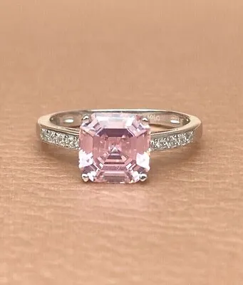 £25 • Buy Asscher Cut Solitaire Simulated Pink Sapphire & Diamond CZ 925 Silver Ring D'Joy