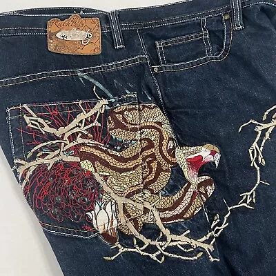 Ruthless Art Men’s 42x28 Embroidered Snake Print Baggy Denim Blue Jeans • $79.99