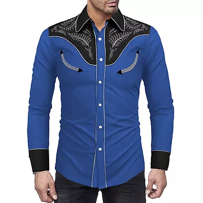 Men's Western Cowboy Shirt Casual Long Sleeve Retro Fitted Cotton Blend T Shirts • $24.17