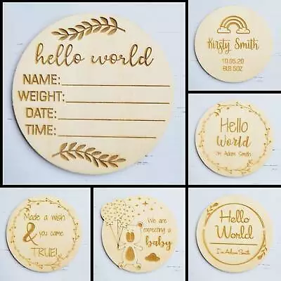 Hello World New Baby Announcement Wooden Plaque Personalised Gift Date New Ply • £3.95