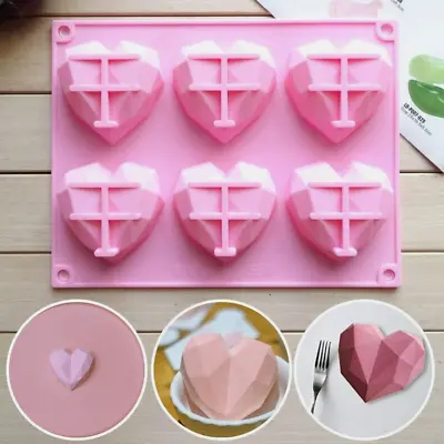 3D Silicone Heart Diamond Shape Mould Geometric Cake Baking Mold Chocolate Decor • £4.29