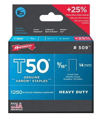 Arrow 509 T50 9/16-Inch Staples 1250-Count • $10.01