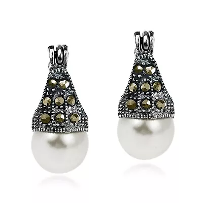 Vintage Flair Marcasite And Created Pearl .925 Silver 8mm Earrings • $15.19