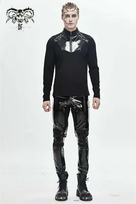 Men's Gothic Bright Pu Leather Skinny Trousers Elasticity Mesh Splicing Pants • $99.59