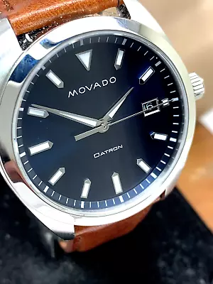 Movado Mens Watch 3650057 Datron Swiss Quartz Blue Dial Brown Leather Strap 39mm • $247.50