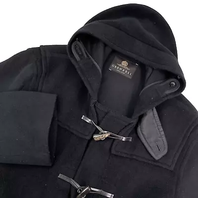 GRENFELL Wool Duffle Coat 44 Made In England Wool Leather Toggle Black FLAWS • $85