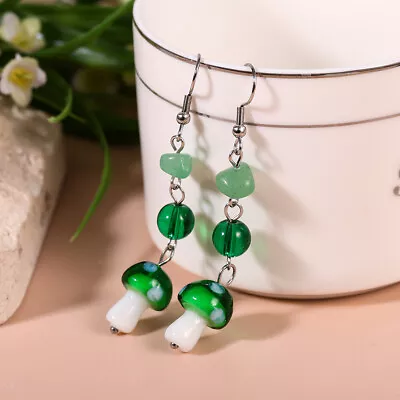 FREE 1 Pairs Green Cute MUSHROOM Murano Glass Stone Bead Silver Dangle Earrings • $0.54