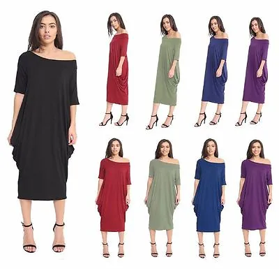 Off Shoulder Baggy Womens Ladies Plain Lagen Look Dress Oversize Parachute Dress • £8.99