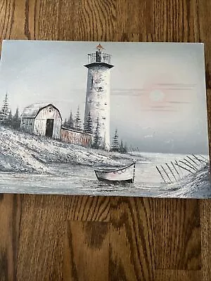 Vintage Oil Painting Lighthouse 12” X 16” Signed • $55