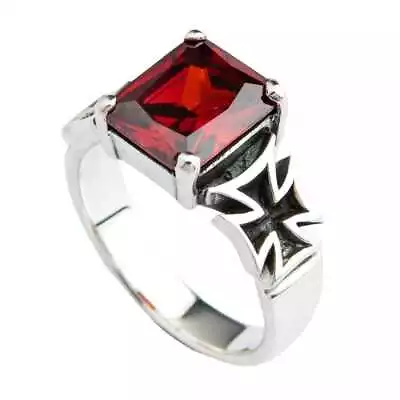 Red Garnet Iron Cross 925 Sterling Silver Men's Ring Maltese Biker New Rocker • $49