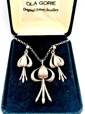 Vintage Ola Gorie Silver Tiger Lily Pendant & Drop Earrings Original Box • £145