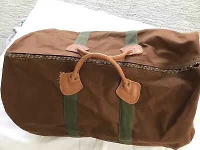 Stylish Vintage LL Bean Brown And Green Canvas Duffel Bag With Leather Handles • $109
