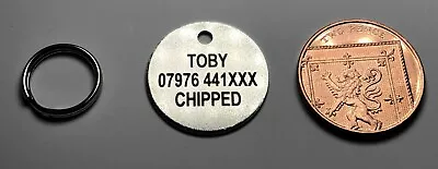 25mm LASER ENGRAVED PET TAGS ID DISC TAG CAT DOG METAL SILVER NICKEL + SPLITRING • £2.75