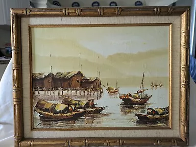 Vtg P Wong Oil On Canvas Painting Chinese Junk Boats Signed Wood Frame • $28.95