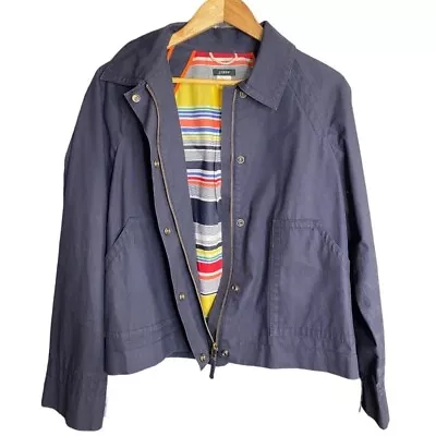 J. Crew Navy Blue Stripe Lined Cotton Nautical Rain Jacket Size Medium • $32