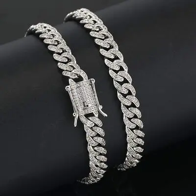 Mens White Gold Plated Stainless Steel Iced CZ Out Miami Cuban Link Bracelet 8mm • $32.89