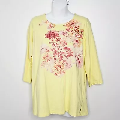 Quacker Factory Top Women's Medium Yellow Floral Watercolor Rhinestones  • $7.49