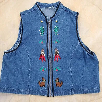 $19.97 • Buy Sun River Southwestern Christmas Denim Vest Women XL Zip Embroidered Cotton Blue