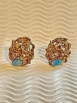 Vintage Brutalist Modernist Sterling Silver 925 Vermeil Opal Large MCM Cufflinks • $49