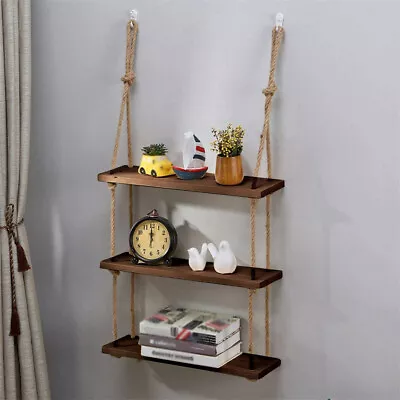 £15.41 • Buy 3 Tiers Rustic Wooden Wall Hanging Rope Shelf Mounted Floating Storage Unit Home