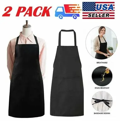 $10.52 • Buy 2 Pack Waterproof Chef Apron Black Catering Cooking Kitchen Butcher With Pocket