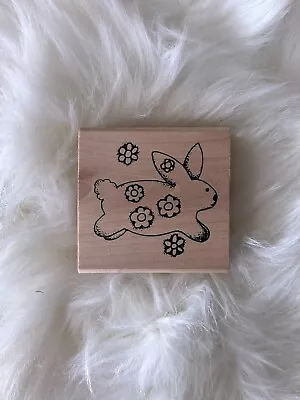 Bunny Rabbit Flowers Running Rubber Stamp Wood #AN1 3x3  • $3.50