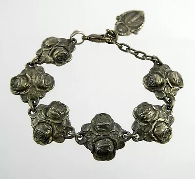 Vintage HVH Sterling Silver Rosary Catholic Saints Rose Panel Link Bracelet 6 In • $76.50