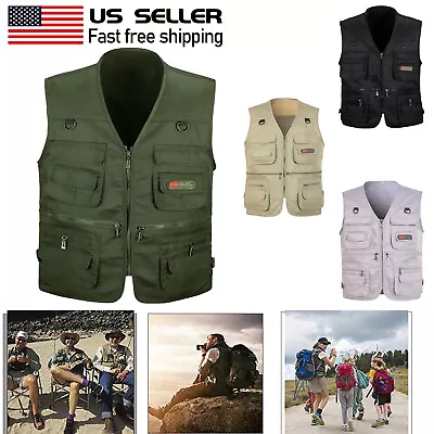 Mens Vest Casual Fishing Outdoor Jacket Work Safari Travel Cargo Multi Pockets • $18.04