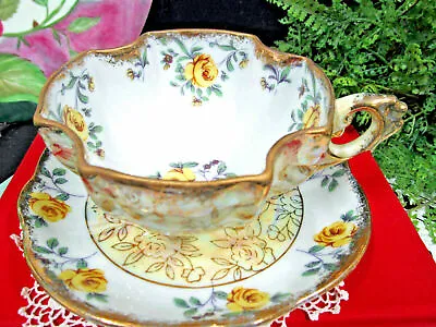  JAPAN Tea Cup And Saucer Yellow Roses Napco Teacup 3 LEGGED Footed Gold Gilt 40 • $34.95