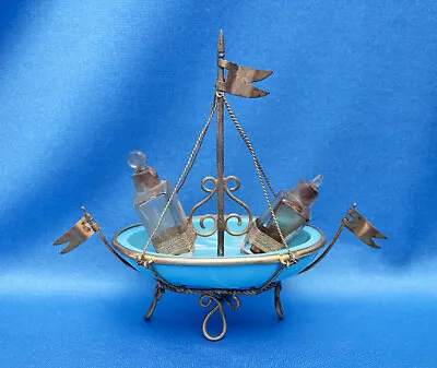 Rare Antique FRENCH BLUE OPALINE EGG Brass SHIP PERFUME HOLDER 2 Miniature Bottl • $320