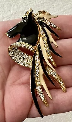 Vintage Gold Tone Black & Cream Enamel Clear Pave Crystals HORSE HEAD Brooch Pin • $12.99