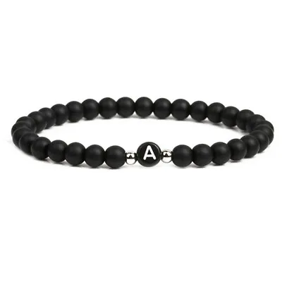 Smooth 6 MM Black Bead Lava Stone Initial Letter Bracelet For Men Women Girl UK • £3.79