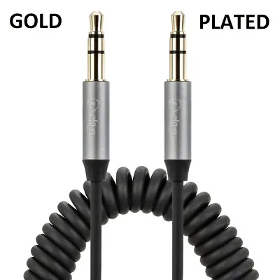 3M GOLD PLATED Grey Coiled 3.5mm AUX Cable Mini Jack To Jack Male Audio AuX • £3.99
