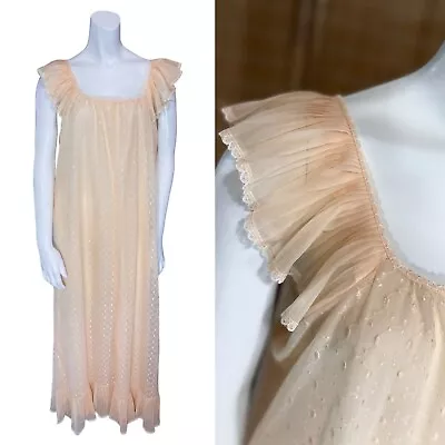 Vtg 60’s PEIGNOIR DRESS Ruffle Chiffon Nightgown Babydoll Vintage Lingerie Maxi • $47.72