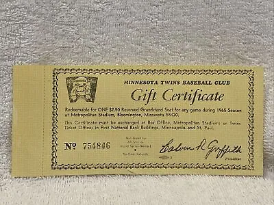 VINTAGE&RARE 1965 Minnesota Twins Metropolitan Stadium Gift Certificate NICE!! • $69.99