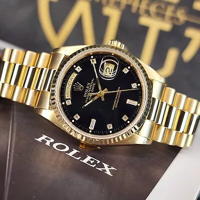 Rolex Day-date 18238 36mm President 18k Gold Black Baguette Diamond Dial Service • $18797