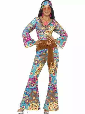 Ladies Hippie Flower Power Fancy Dress Costume Groovy 60's Vibes Dress Up  • £37.62