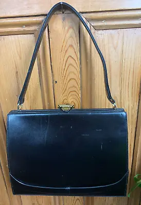 Vintage Ladies Black Leather 'waldybag' Clasp Top Retro Hand Bag • £19.99