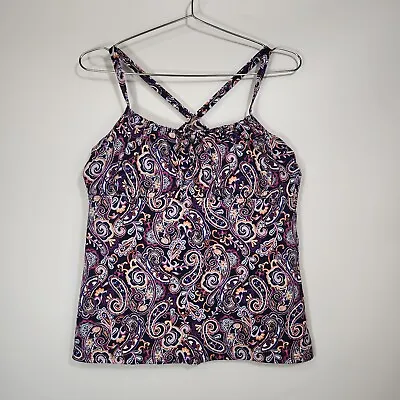 Lands End Size 14 Tankini Top Underwire Bra Deep Sea Navy Retro Paisley 528354 • $18.50